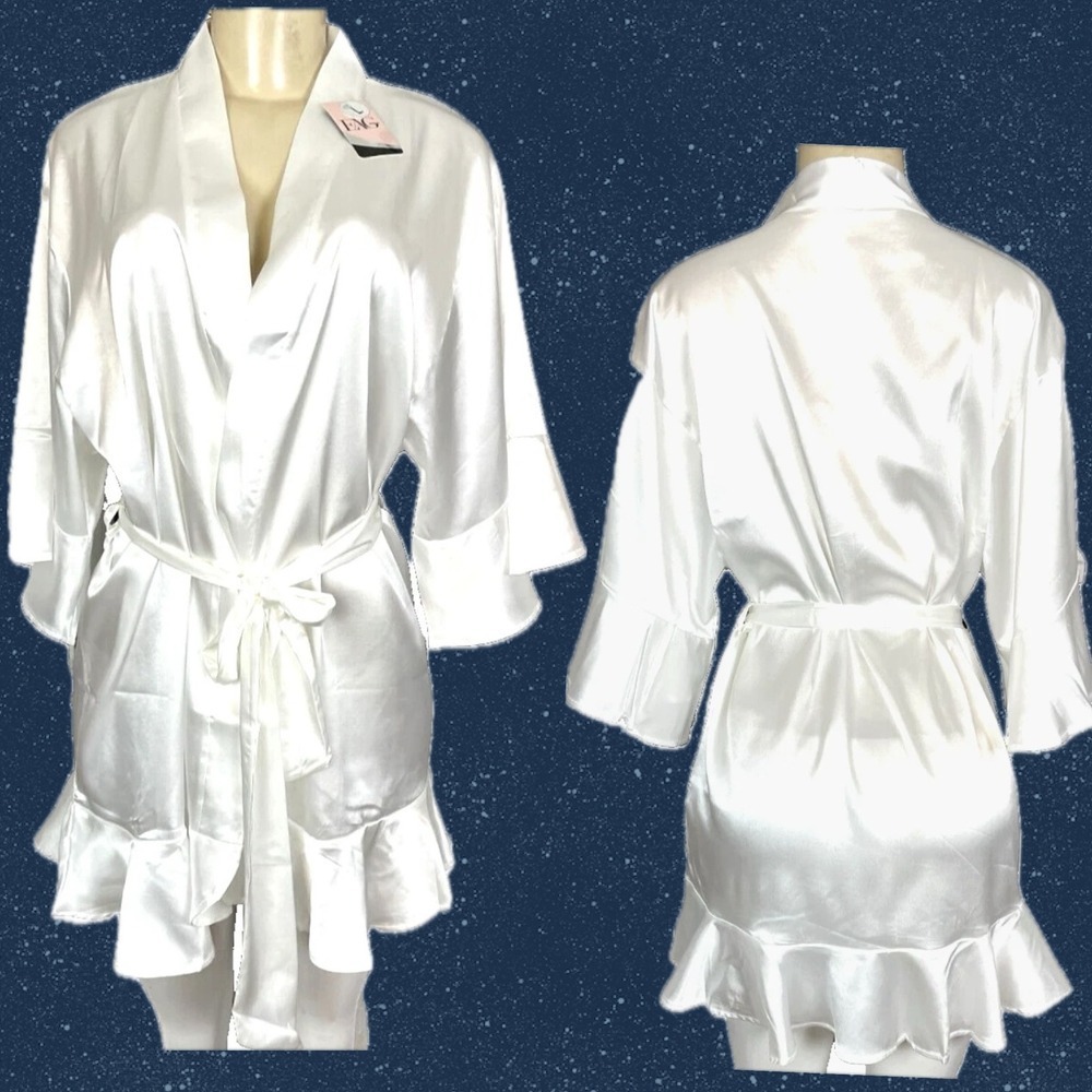 Elegant Apparel Group EAG White Satin Ruffle Robe Bridal Loungewear Size L NWT